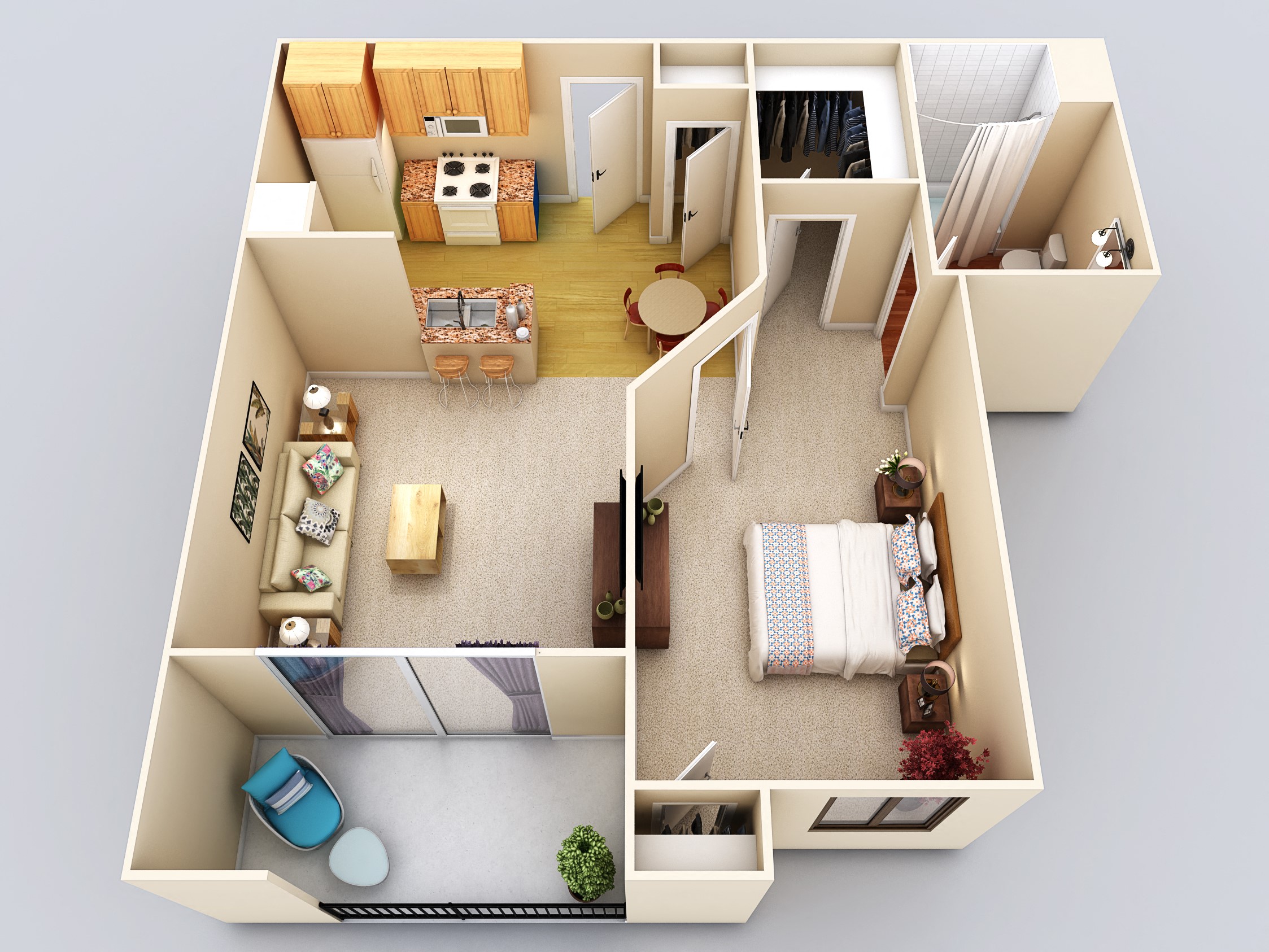 Floor plan for 1 bed, 1 bath, 678 sqft